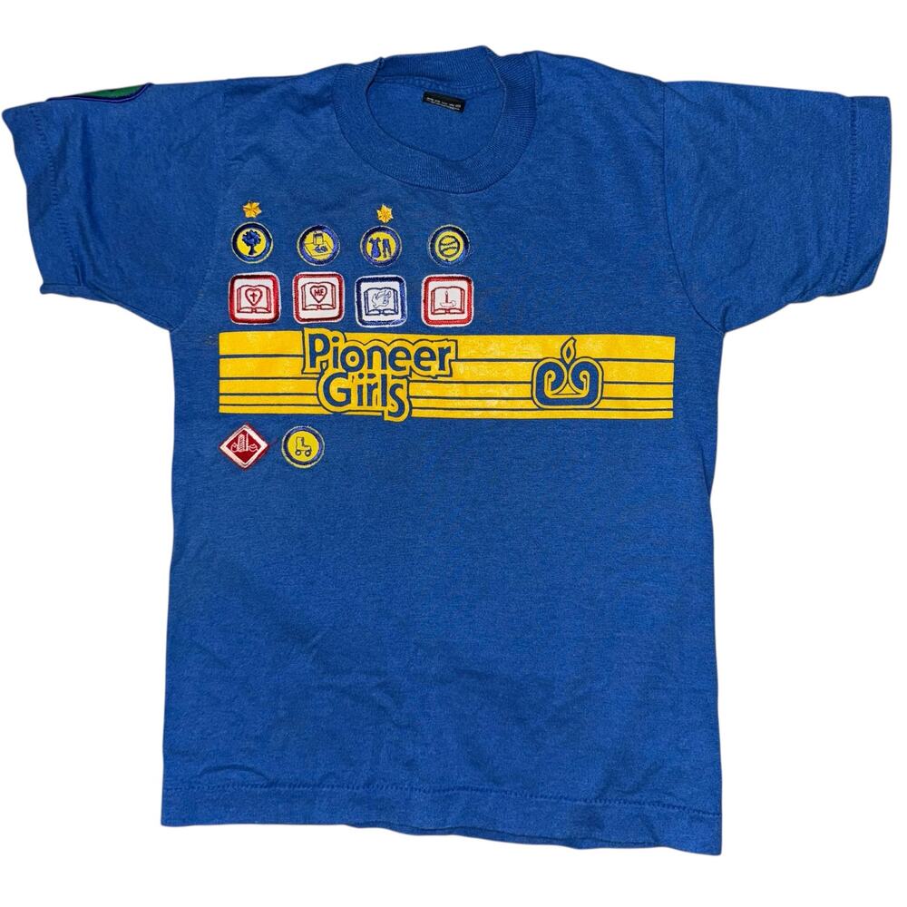 Vintage Single Stitch Girls T-Shirt Size 10-12 Pioneer Girls Patches Retro USA